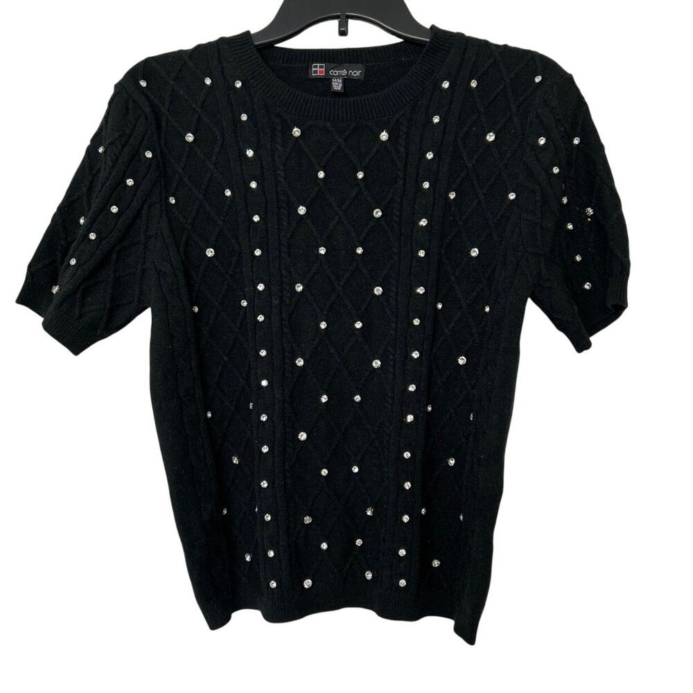 Carré Noir Black Rhinestone Cable Knit Sweater Short Sleeve Office Chic M NWT